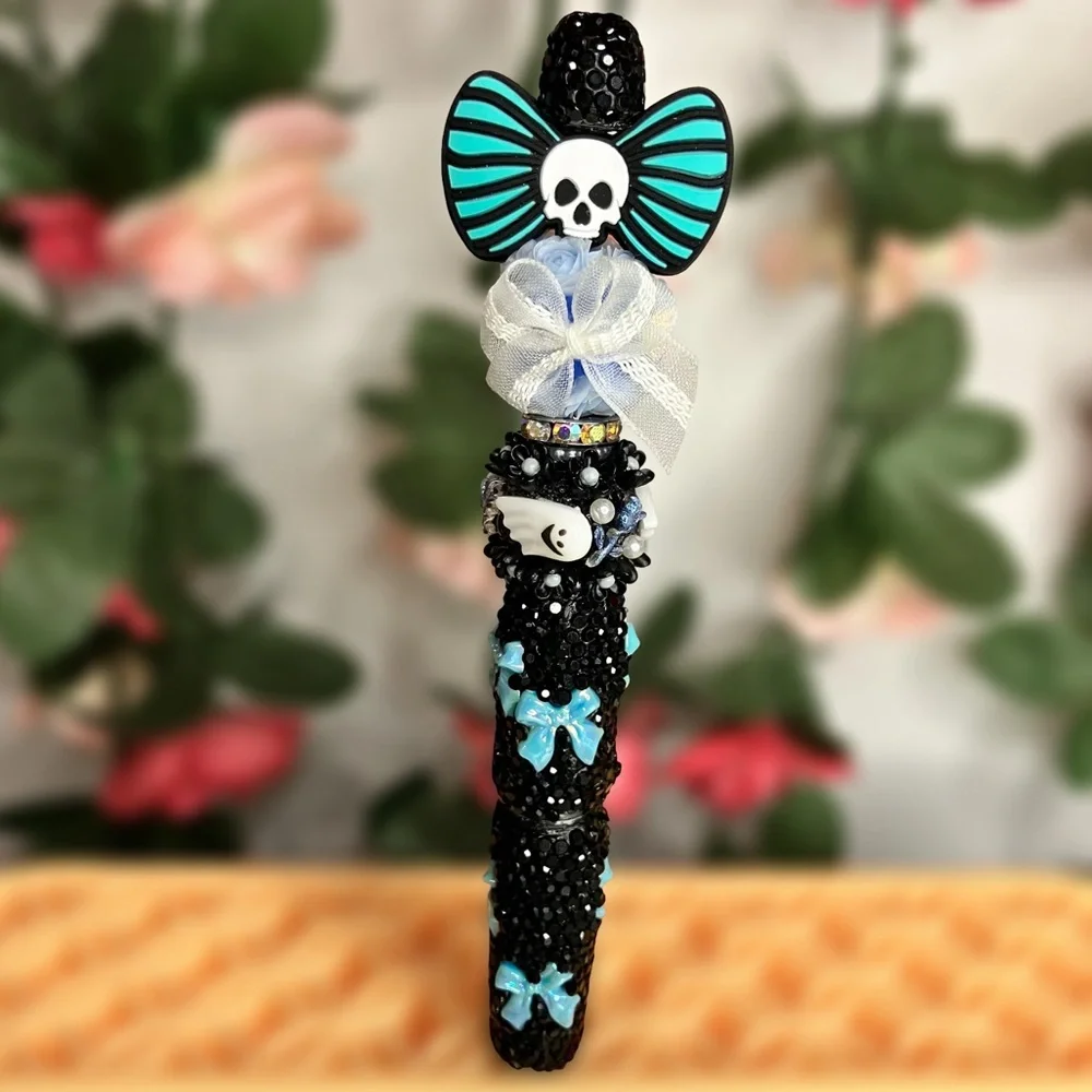 Blue and Black Skull Bow Floral Emo Aesthetic Rhinestone Handmade Beaded Pen